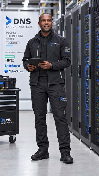 Lennux Ferdinand in a data centre holding a tablet, with DNS and technology partner branding visible