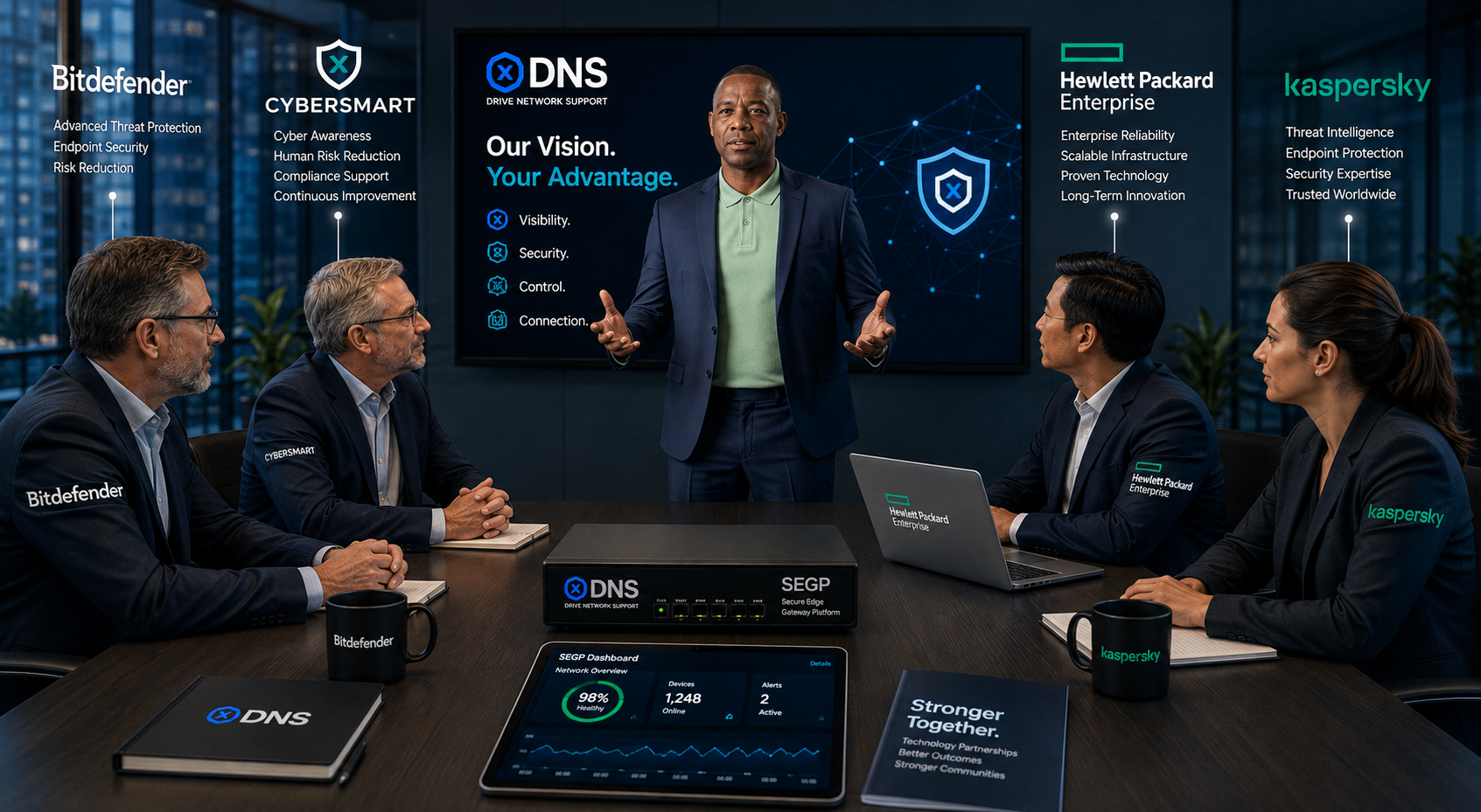 Drive Network Support presenting the SEGP vision to representatives from Bitdefender, CyberSmart, Hewlett Packard Enterprise and Kaspersky