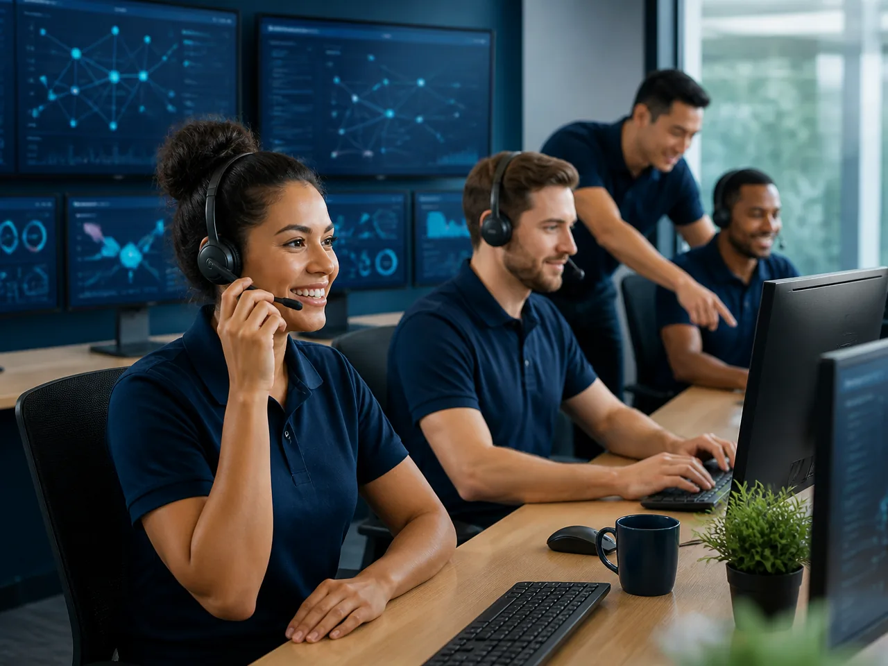 Illustrative customer support scene with technology dashboards in the background